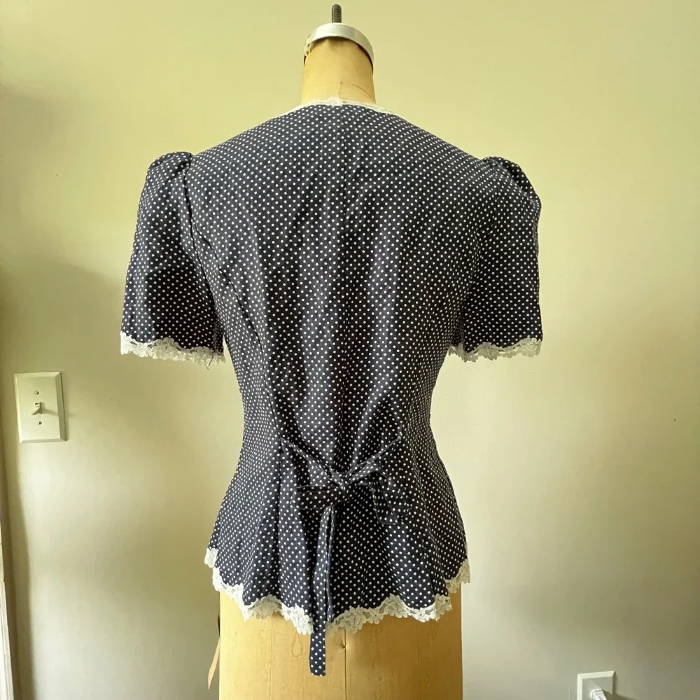 Reformation Anabella Polka Dot Linen Lace Trim Puff Sleeve Button Front Top S/M